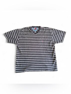 Tommy Hilfiger Men’s Navy Blue, White & Gray Striped V-Neck Tee - Y2K - 90s